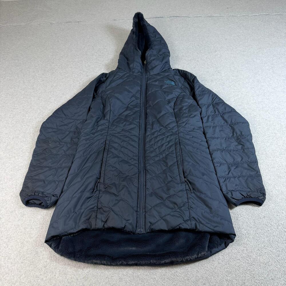 North Face Jacket Womens Medium Blue Hooded Fleece Lined Quilted Coat Reversible
